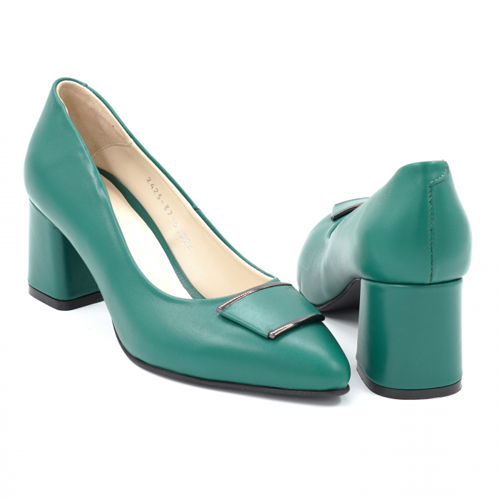 Pantofi dama din piele naturala verde menta cu varf ascutit stileto si toc mic gros imbracat 6 cm 51024-3-24 [4]