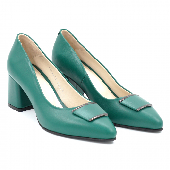 Pantofi dama din piele naturala verde menta cu varf ascutit stileto si toc mic gros imbracat 6 cm 51024-3-24 [5]