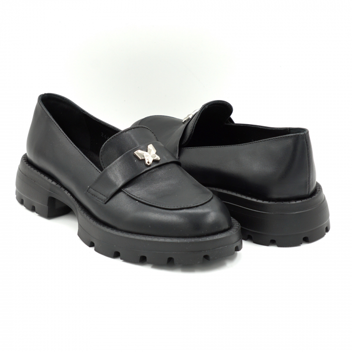 Pantofi dama casual loafers din piele naturala neagra cu varf rotund si talpa de 3 cm 51025-25 [4]