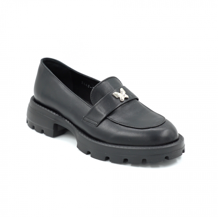 Pantofi dama casual loafers din piele naturala neagra cu varf rotund si talpa de 3 cm 51025-25 [2]