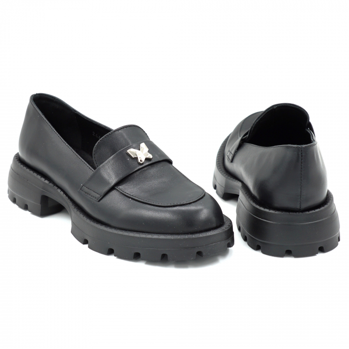 Pantofi dama casual loafers din piele naturala neagra cu varf rotund si talpa de 3 cm 51025-25 [5]