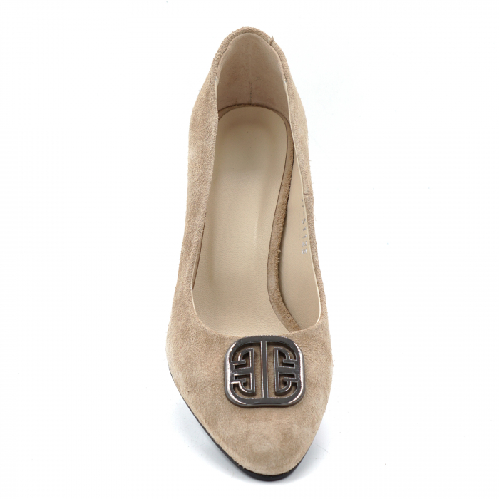 Pantofi dama din piele naturala intoarsa bej capuccino cu varf rotund si toc mic gros imbracat 6 cm 51123-1-24 [6]
