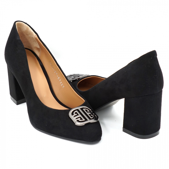 Pantofi dama din piele naturala intoarsa neagra cu varf ascutit si toc mediu gros imbracat 7 cm 51123-24 [1]