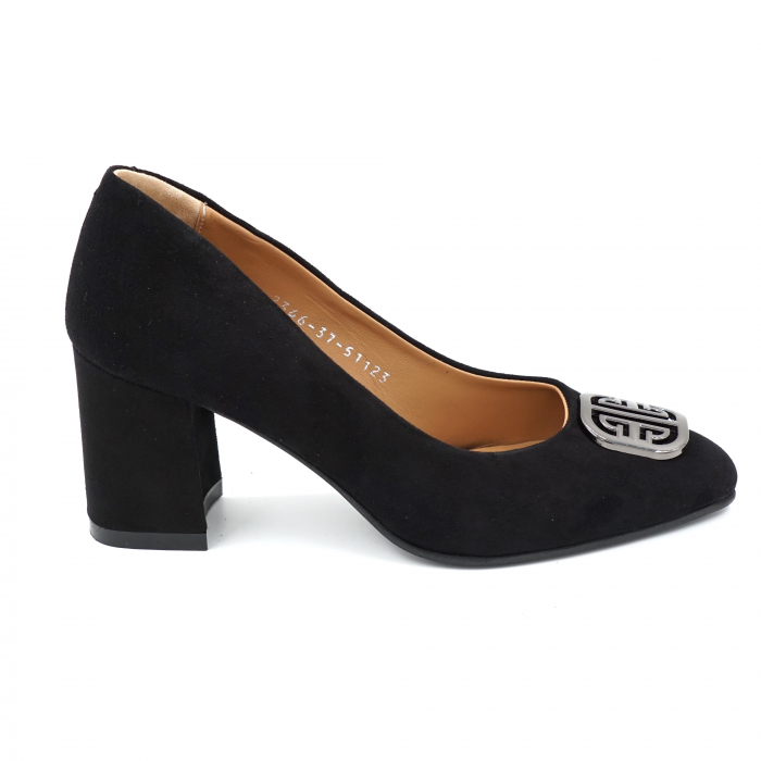 Pantofi dama din piele naturala intoarsa neagra cu varf ascutit si toc mediu gros imbracat 7 cm 51123-24 [4]