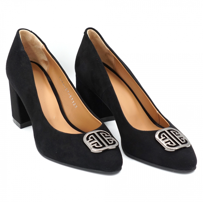 Pantofi dama din piele naturala intoarsa neagra cu varf ascutit si toc mediu gros imbracat 7 cm 51123-24 [2]