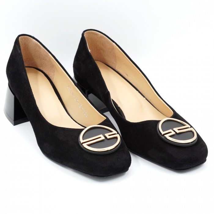 Pantofi dama din piele naturala intoarsa neagra cu varf patrat si toc mic gros 4 cm 51124-24 [2]