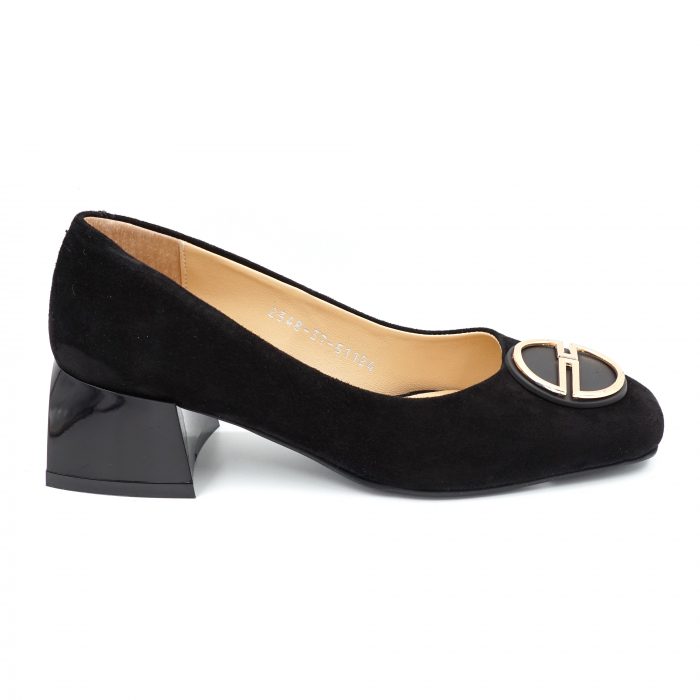 Pantofi dama din piele naturala intoarsa neagra cu varf patrat si toc mic gros 4 cm 51124-24 [4]