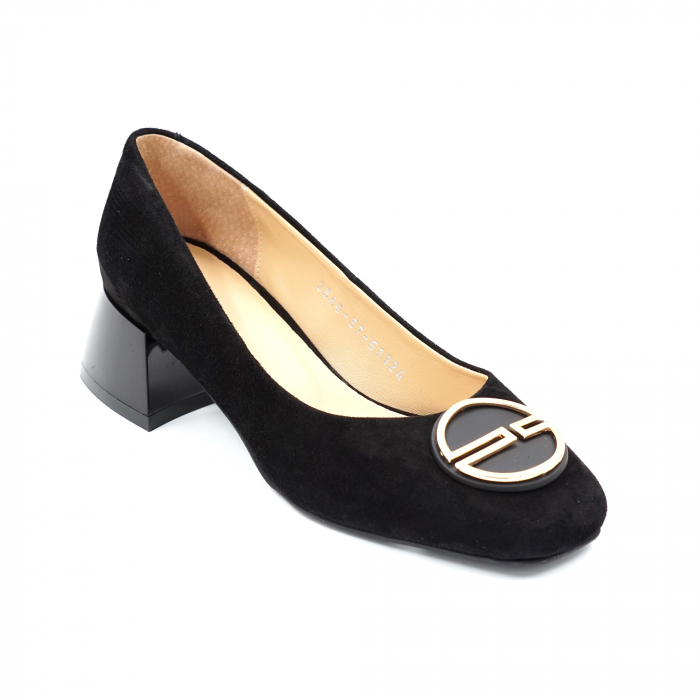 Pantofi dama din piele naturala intoarsa neagra cu varf patrat si toc mic gros 4 cm 51124-24 [3]