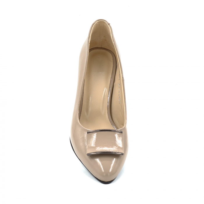 Pantofi dama din piele naturala lacuita grej bej cu varf ascutit stileto si toc mediu gros imbracat 7 cm 51424-3-24 [4]