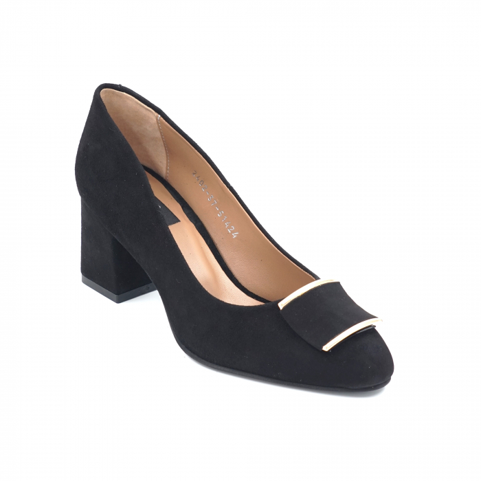 Pantofi dama din piele naturala intoarsa neagra cu varf ascutit si toc mediu gros imbracat 7 cm 51424-4-24 [2]