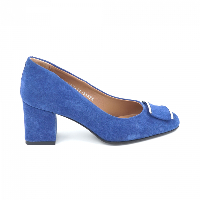 Pantofi dama din piele naturala intoarsa albastru electric cu varf ascutit si toc mediu gros imbracat 7 cm 51424-5-24 [4]