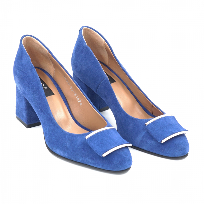 Pantofi dama din piele naturala intoarsa albastru electric cu varf ascutit si toc mediu gros imbracat 7 cm 51424-5-24 [3]