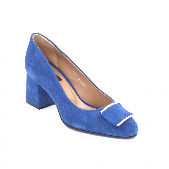 Pantofi dama din piele naturala intoarsa albastru electric cu varf ascutit si toc mediu gros imbracat 7 cm 51424-5-24 [2]