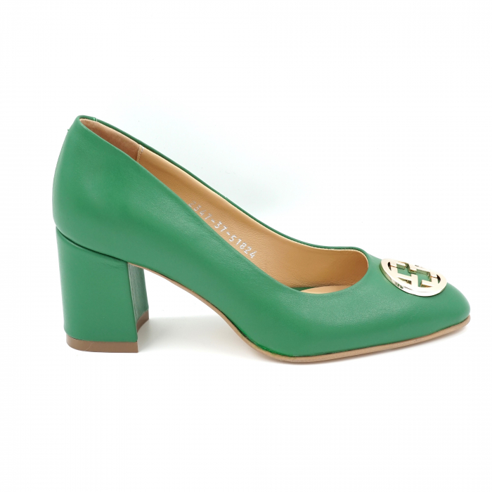 Pantofi dama din piele naturala verde crud cu varf ascutit si toc mic gros imbracat 6 cm 51824-1-24 [4]