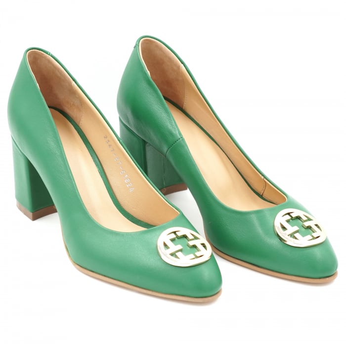Pantofi dama din piele naturala verde crud cu varf ascutit si toc mic gros imbracat 6 cm 51824-1-24 [2]