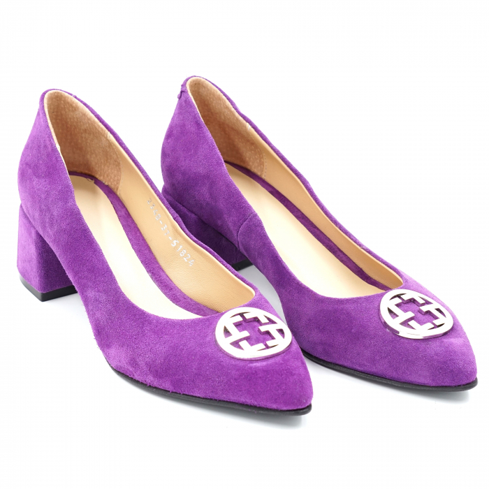 Pantofi dama din piele naturala intoarsa mov cu varf ascutit si toc mic gros imbracat 4 cm 51824-2-24 [2]
