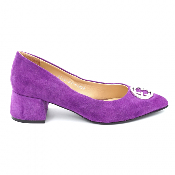 Pantofi dama din piele naturala intoarsa mov cu varf ascutit si toc mic gros imbracat 4 cm 51824-2-24 [4]