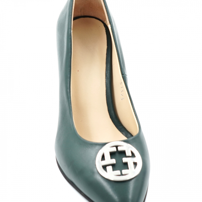 Pantofi dama din piele naturala verde inchis smarald cu varf ascutit stileto si toc mic gros imbracat 6 cm 51824-3-24 [5]