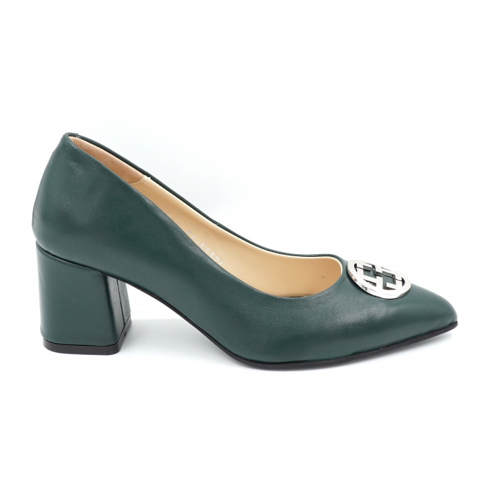 Pantofi dama din piele naturala verde inchis smarald cu varf ascutit stileto si toc mic gros imbracat 6 cm 51824-3-24 [4]