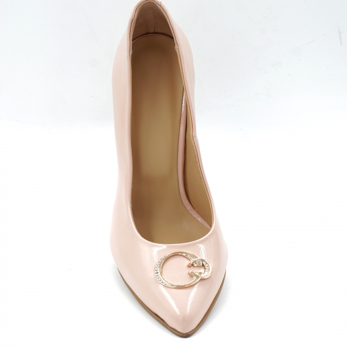 Pantofi dama din piele naturala lacuita roz pudra cu varf ascutit stileto si toc inalt gros imbracat 9 cm 51924-24 [3]