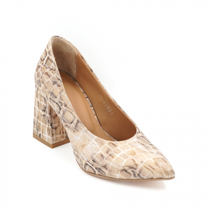 Pantofi dama din piele naturala nude bej imprimeu animal print cu varf ascutit stileto si toc mediu gros imbracat 8 cm 52023-24 [2]
