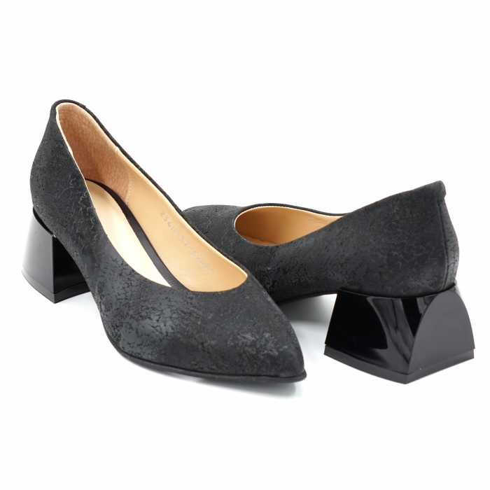 Pantofi dama din piele naturala neagra cu imprimeu cu varf ascutit stileto si toc mic gros 4 cm 52024-24 [4]