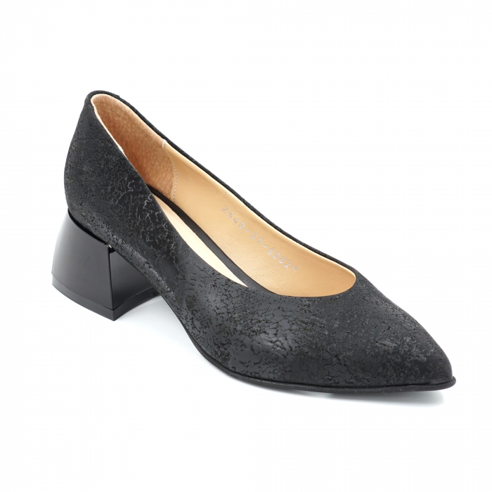 Pantofi dama din piele naturala neagra cu imprimeu cu varf ascutit stileto si toc mic gros 4 cm 52024-24 [2]