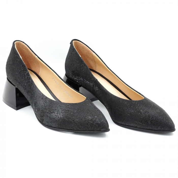 Pantofi dama din piele naturala neagra cu imprimeu cu varf ascutit stileto si toc mic gros 4 cm 52024-24 [3]
