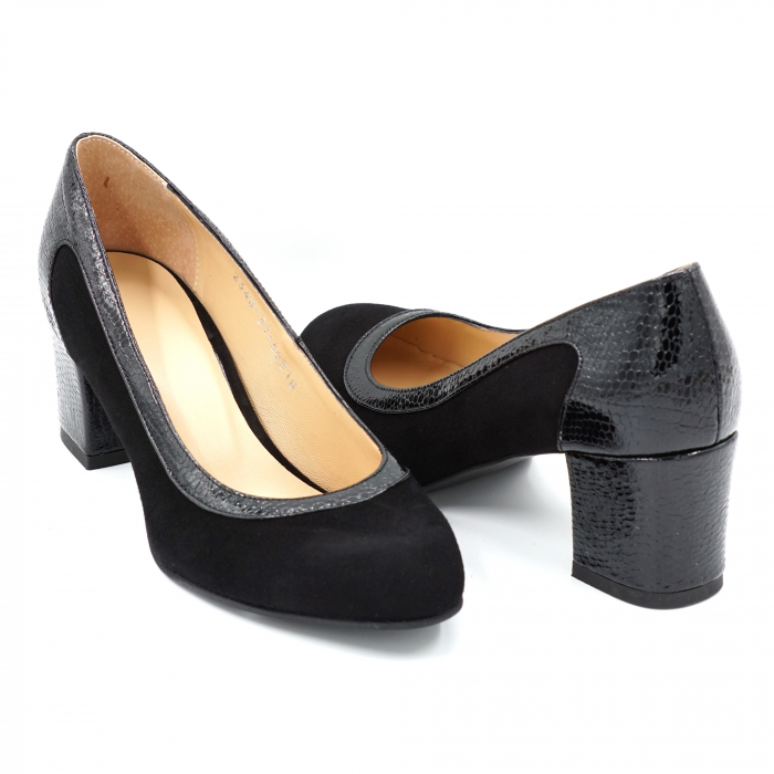Pantofi dama din piele naturala intoarsa neagra si croco lac negru cu varf rotund si  toc mic gros imbracat6 cm 52318-1-24 [4]