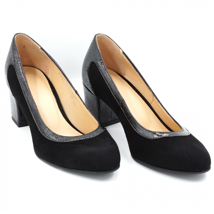 Pantofi dama din piele naturala intoarsa neagra si croco lac negru cu varf rotund si  toc mic gros imbracat6 cm 52318-1-24 [3]