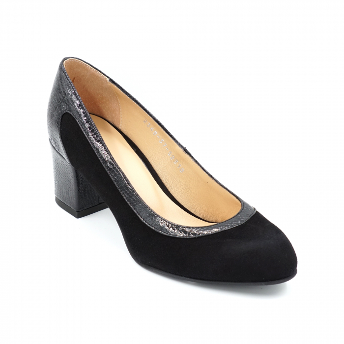 Pantofi dama din piele naturala intoarsa neagra si croco lac negru cu varf rotund si  toc mic gros imbracat6 cm 52318-1-24 [2]