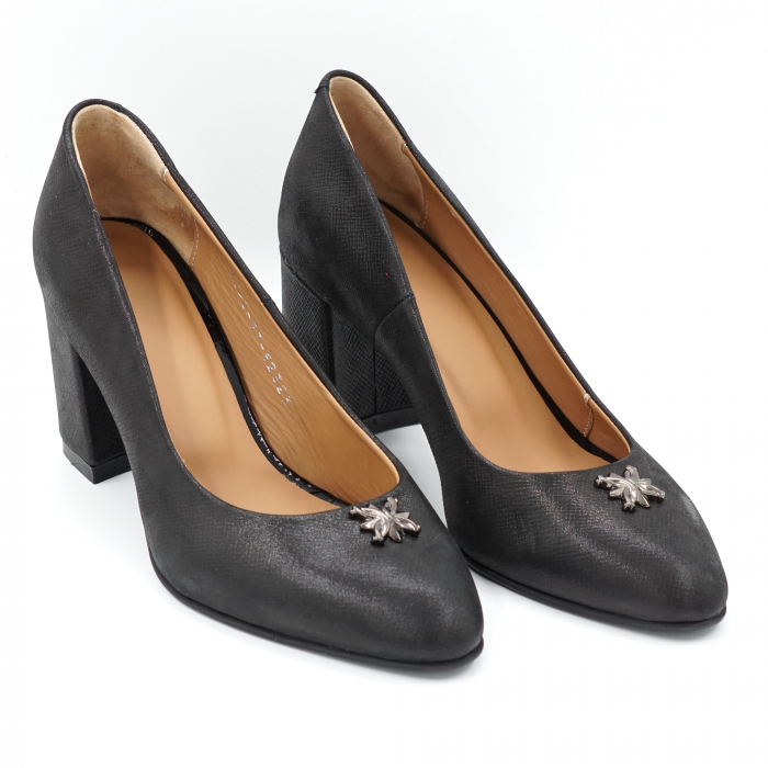 Pantofi dama din piele naturala neagra texturata cu varf ascutit si toc mic gros 6 cm 52323-24 [2]