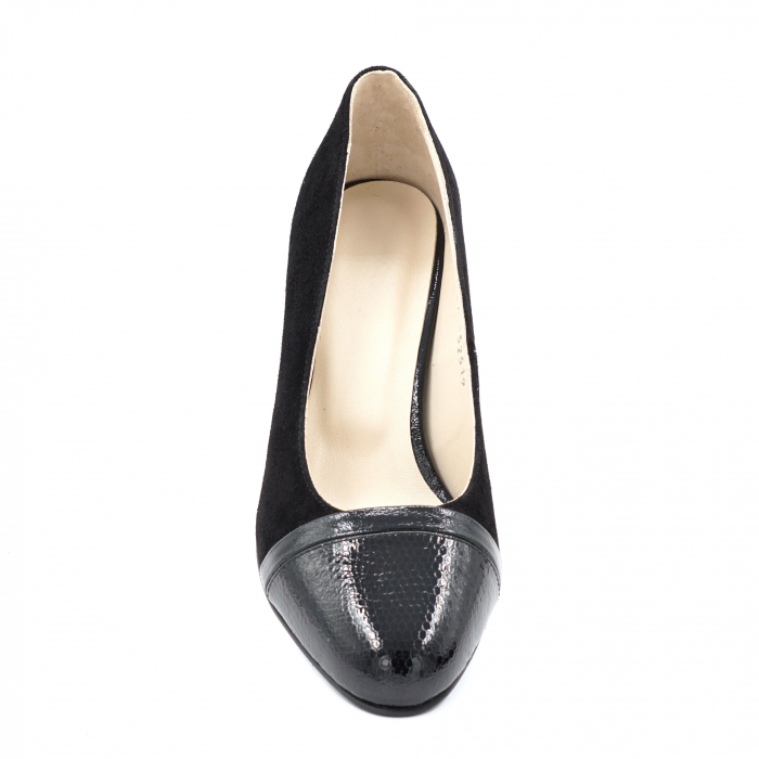 Pantofi dama din piele naturala intoarsa si lacuita neagra cu varf rotund si toc mic gros imbracat 6 cm 52519-1-24 [6]