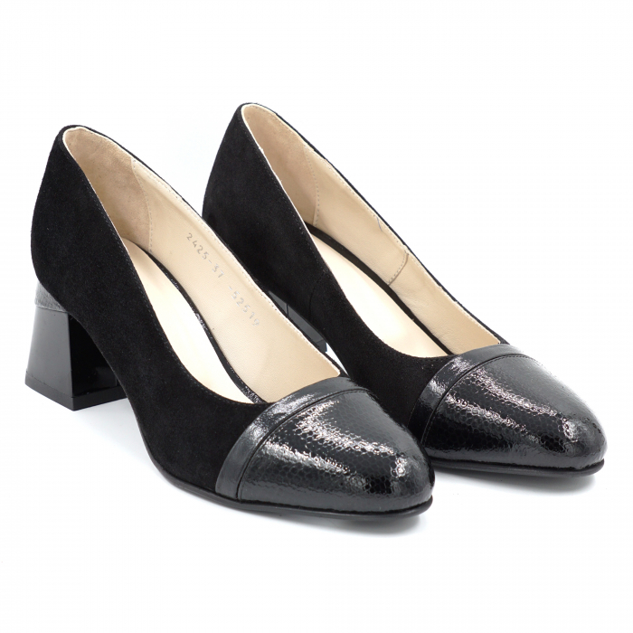 Pantofi dama din piele naturala intoarsa si lacuita neagra cu varf rotund si toc mic gros imbracat 6 cm 52519-1-24 [3]