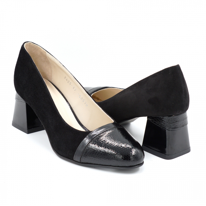 Pantofi dama din piele naturala intoarsa si lacuita neagra cu varf rotund si toc mic gros imbracat 6 cm 52519-1-24 [4]