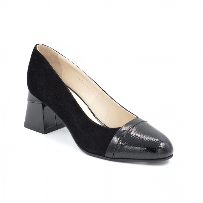 Pantofi dama din piele naturala intoarsa si lacuita neagra cu varf rotund si toc mic gros imbracat 6 cm 52519-1-24 [2]