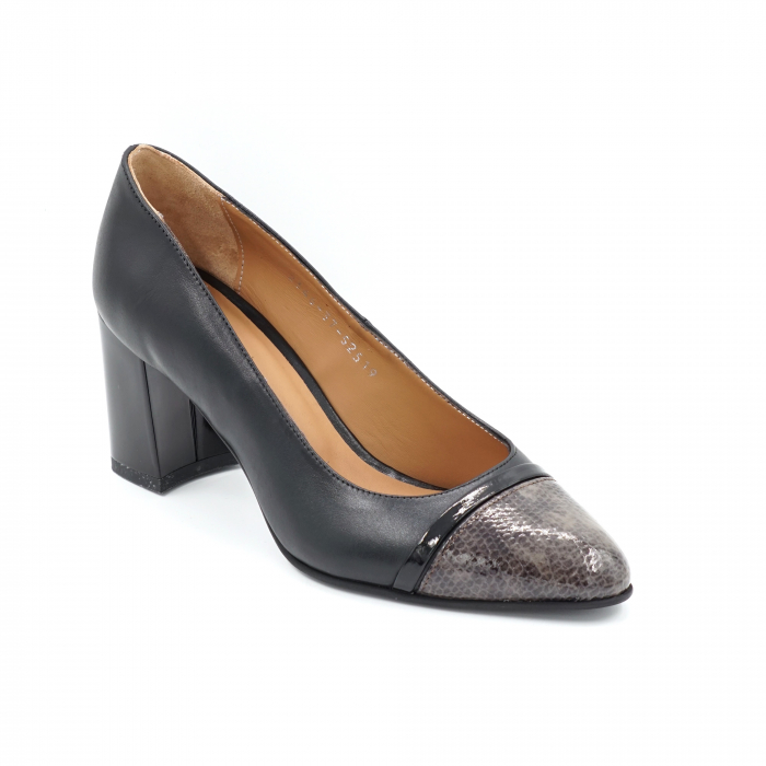 Pantofi dama din piele naturala neagra si lacuita croco maro cu varf ascutit si toc mic gros 6 cm 52519-24 [2]