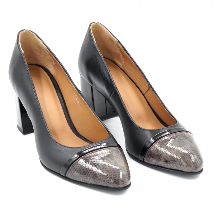 Pantofi dama din piele naturala neagra si lacuita croco maro cu varf ascutit si toc mic gros 6 cm 52519-24 [3]