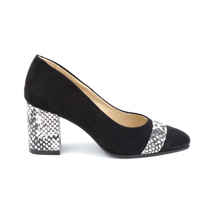 Pantofi dama din piele naturala intoarsa neagra si cu imprimeu sarpe alb cu negru cu varf ascutit si toc mic gros imbracat 6 cm 52619-1-24 [4]