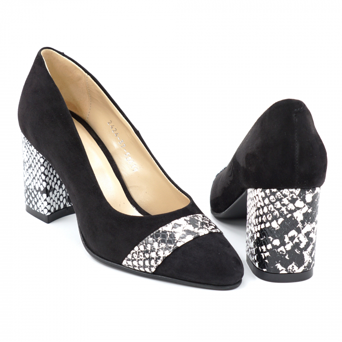 Pantofi dama din piele naturala intoarsa neagra si cu imprimeu sarpe alb cu negru cu varf ascutit si toc mic gros imbracat 6 cm 52619-1-24 [3]