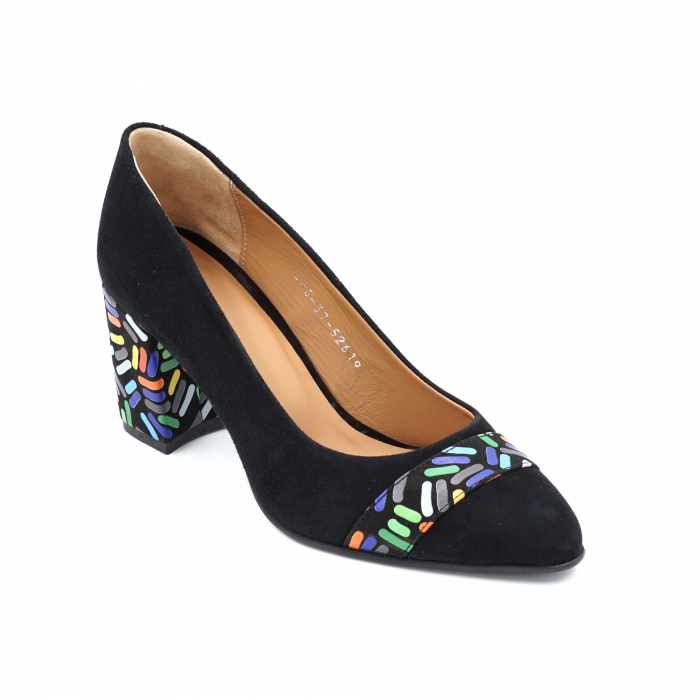 Pantofi dama din piele naturala intoarsa neagra si cu imprimeu multicolor cu varf ascutit si toc mic gros imbracat6 cm 52619-24 [4]
