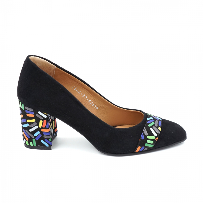 Pantofi dama din piele naturala intoarsa neagra si cu imprimeu multicolor cu varf ascutit si toc mic gros imbracat6 cm 52619-24 [3]