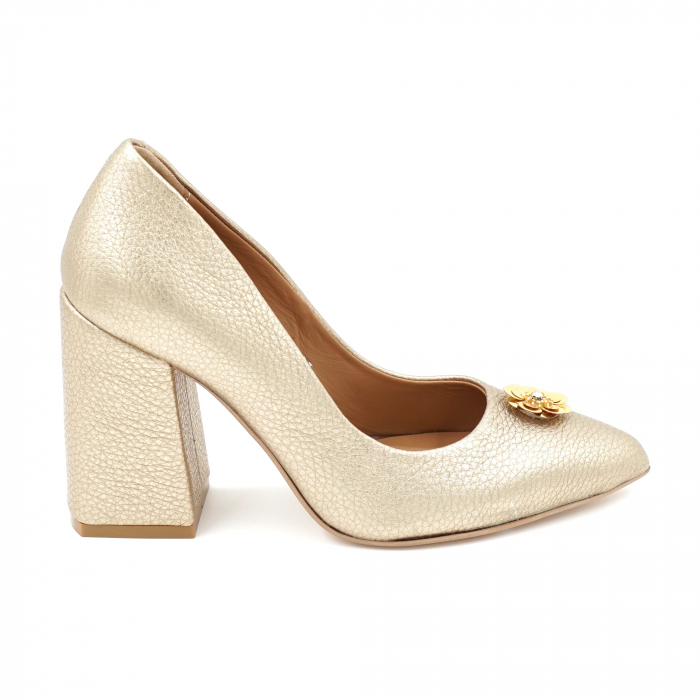 Pantofi dama din piele naturala auriu box bizonat cu varf ascutit stileto si toc inalt gros imbracat 9 cm 52623-24 [4]