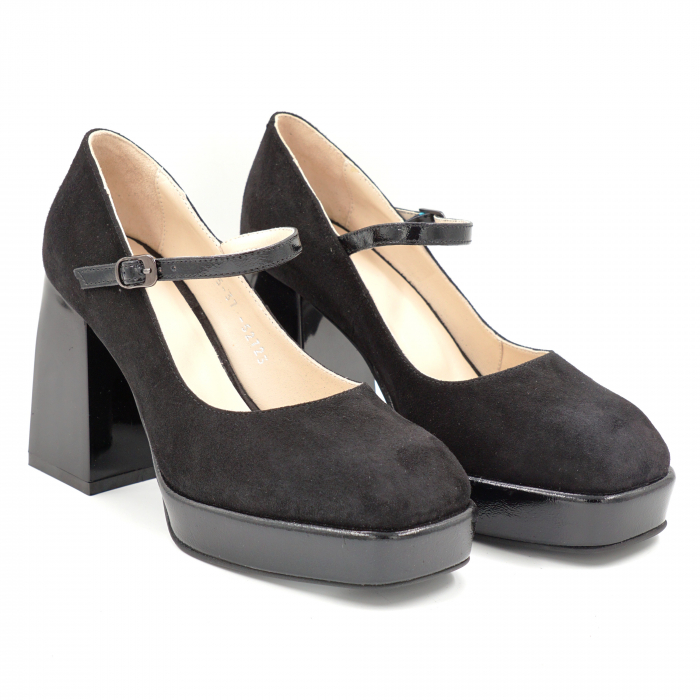 Pantofi dama din piele naturala intoarsa neagra varf patrat cu platforma 2 cm si toc gros 9 cm, 52723-1-24 [4]