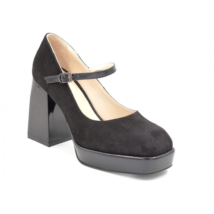 Pantofi dama din piele naturala intoarsa neagra varf patrat cu platforma 2 cm si toc inalt gros 9 cm 52723-1-24 [2]