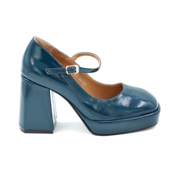 Pantofi dama din piele naturala lacuita verde smarald cu varf patrat,  platforma 2 cm si toc inalt gros imbracat 9 cm 52723-24 [1]