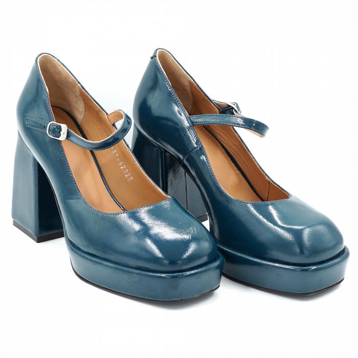 Pantofi dama din piele naturala lacuita verde smarald cu varf patrat,  platforma 2 cm si toc inalt gros imbracat 9 cm 52723-24 [3]