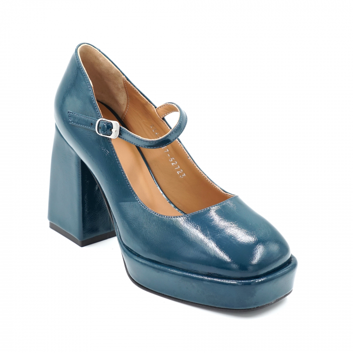 Pantofi dama din piele naturala lacuita verde smarald cu varf patrat,  platforma 2 cm si toc inalt gros imbracat 9 cm 52723-24 [4]