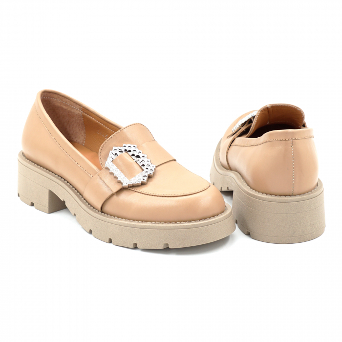 Pantofi dama casual loafers din piele naturala bej inchis cu varf rotund si talpa de 4 cm 52725-25 [5]