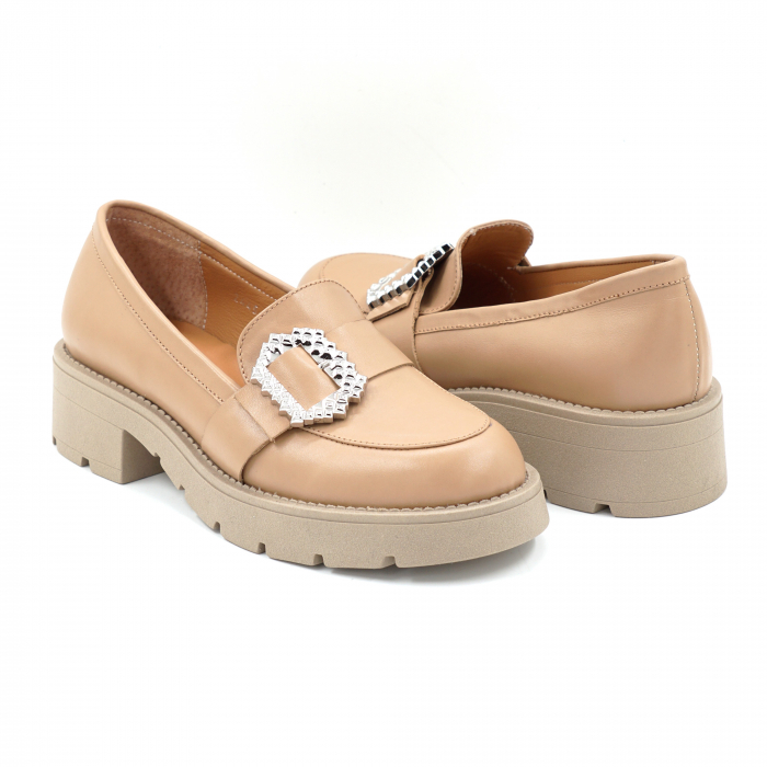 Pantofi dama casual loafers din piele naturala bej inchis cu varf rotund si talpa de 4 cm 52725-25 [4]
